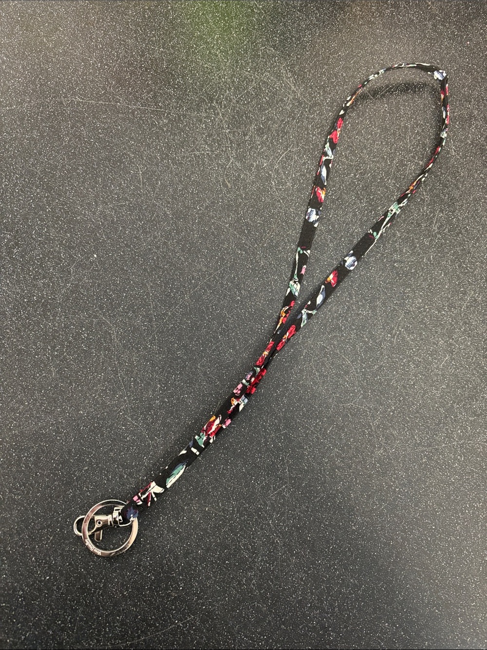 Vera Bradley Floral Black Fabric Wristlet Lanyard with Silver Key Ring